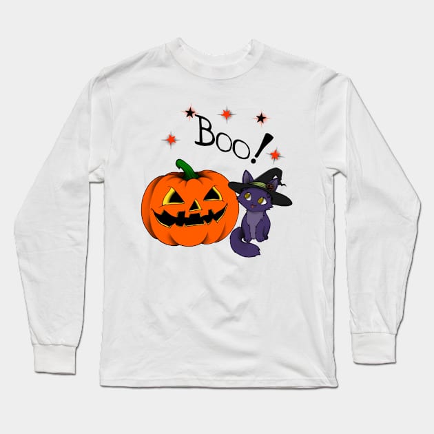 Boo! Witchy cat Long Sleeve T-Shirt by JackDraws88